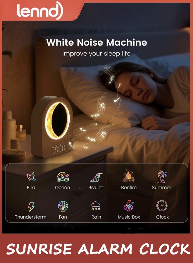 LENND Sunrise Alarm Clock, White Noise Machine & Meteor Moonlight - 10 Soothing Sounds, Dual Alarms, 30/60/90min Timer, Easy Snooze - Bedroom Gift for Insomnia Adults/Women - Wood Grain - Image 4